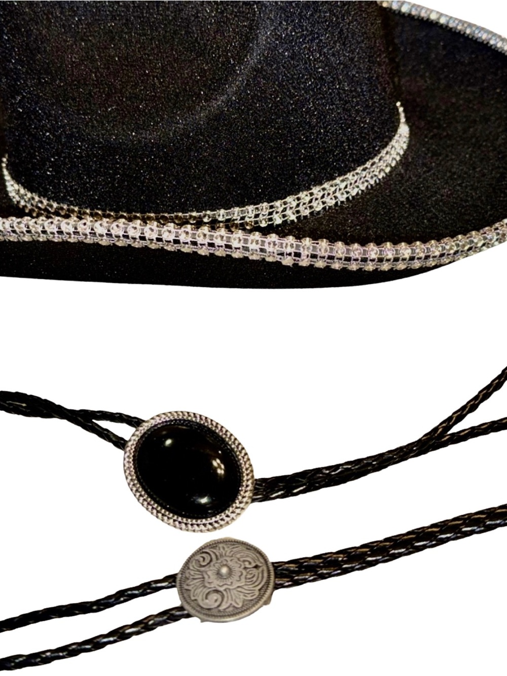 Black Rhinestone Cowboy Hat + 2 Bolo Ties Set - Picture 2 of 4